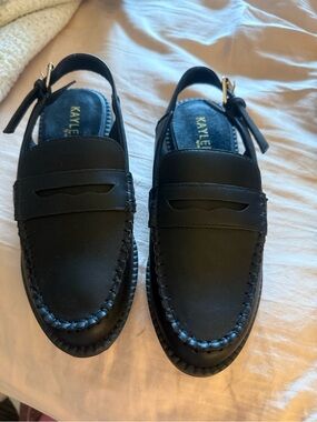 KAYLEEN By Los Angeles Black Leather Slingback Penny Loafers